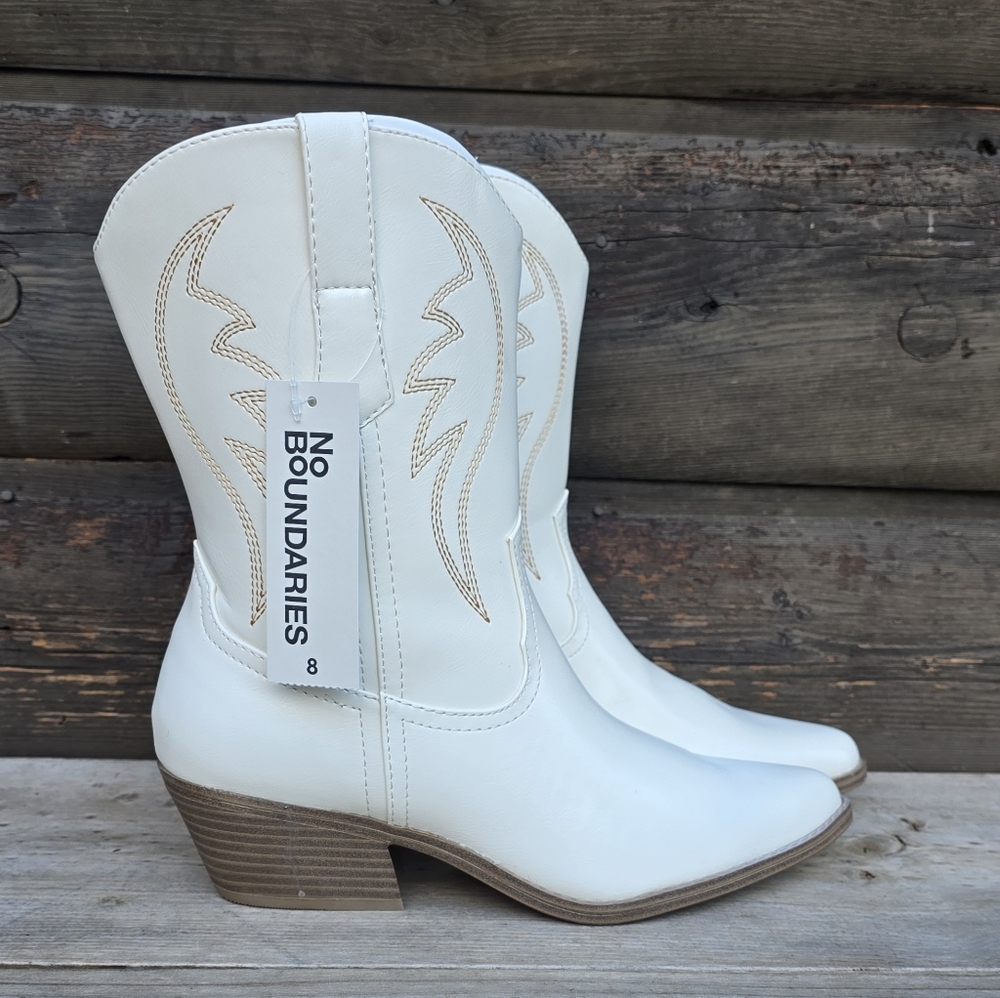 Y2K White Western Cowgirl Deco Stitch Block Heel Boots Women's Size 8M - Picture 9 of 10